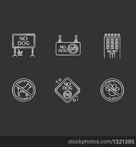 Pet not allowed emblems chalk white icons set on black background. Four-legged friends banned territories, domestic animals welcome public places. Isolated vector chalkboard illustrations