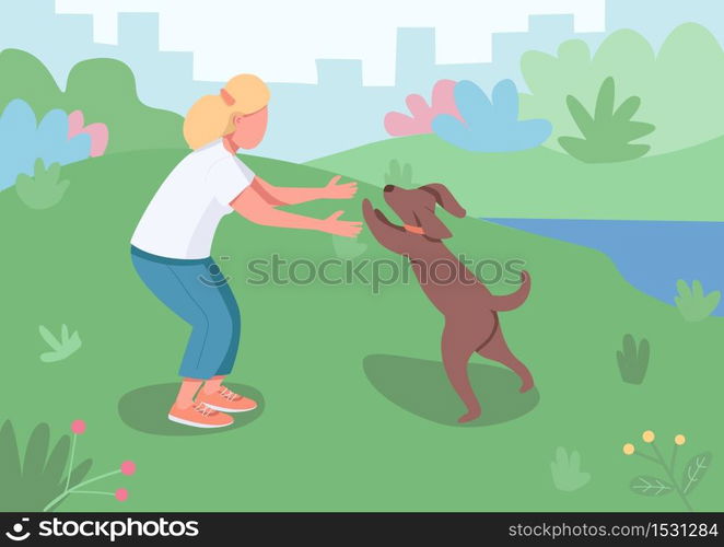 Pet owner flat color vector illustration. Female adult walk doggy outside in park. Domestic animal running to hug. Woman play with dog 2D cartoon characters with landscape on background. Pet owner flat color vector illustration