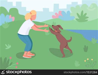 Pet owner flat color vector illustration. Female adult walk doggy outside in park. Domestic animal running to hug. Woman play with dog 2D cartoon characters with landscape on background. Pet owner flat color vector illustration
