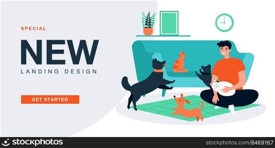 Pet owner playing with cats and dogs in home apartment. Man with many happy domestic animals flat vector illustration. Friendship, love for pet concept for banner, website design or landing web page
