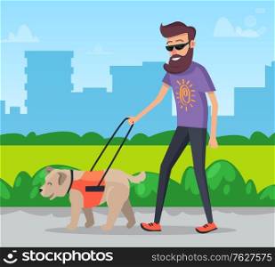 Pet owner walking dog on leash in park vector illustration. Guy and pet happy going straight footpath. Man with beard doing his duty, walk with puppy. Man Walking with Dog in City Park