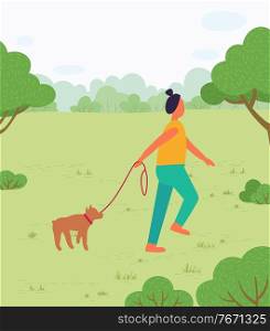 Pet owner walking dog on leash in summer park. Summertime forest with trees and greenery. Sunny day weekends. Lady with canine animal outdoors. Strolling character in woods with doggy vector. Woman Walking Dog in Summer Forest or Park Vector