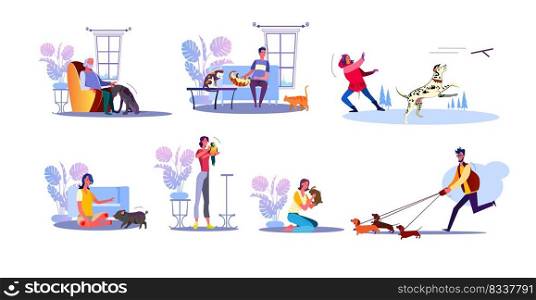 Pet owners set. People playing with cats, training dogs and pigs, cuddling rabbit and parrot. Flat vector illustrations. Animal, leisure, hobby concept for banner, website design or landing web page
