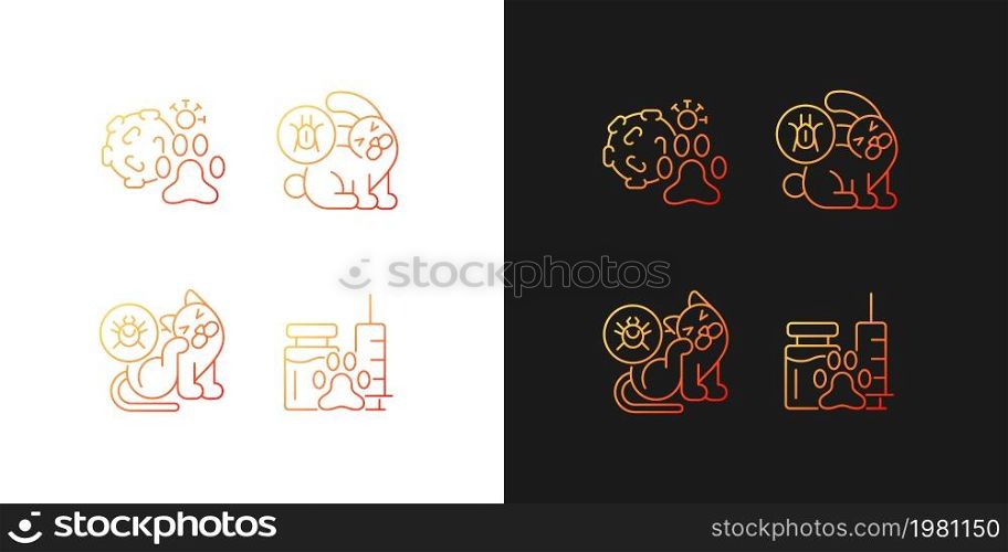 Pet parasites gradient icons set for dark and light mode. Infection carriers. Fleas and ticks. Thin line contour symbols bundle. Isolated vector outline illustrations collection on black and white. Pet parasites gradient icons set for dark and light mode