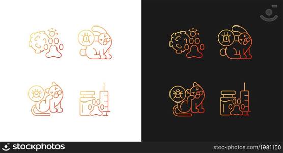 Pet parasites gradient icons set for dark and light mode. Infection carriers. Fleas and ticks. Thin line contour symbols bundle. Isolated vector outline illustrations collection on black and white. Pet parasites gradient icons set for dark and light mode