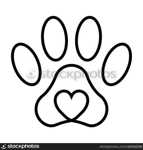 Pet paw print cat dog man friend, vector pet paw print with heart, sign symbol of love for animals, veterinary clinic logo