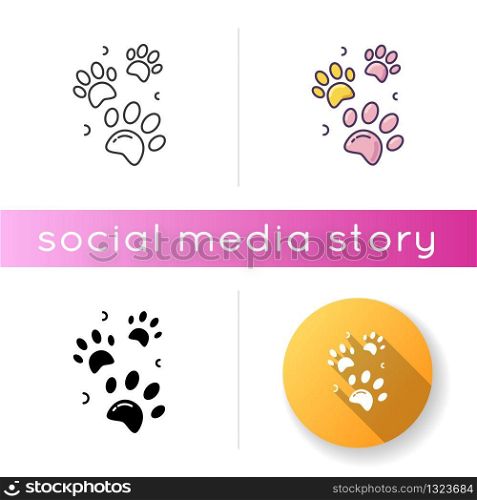 Pet paw prints icon. Animal footprints. Dog walk trail. Track of cat steps. Bear pawprint. Puppy foot. Veterinary service. Linear black and RGB color styles. Isolated vector illustrations