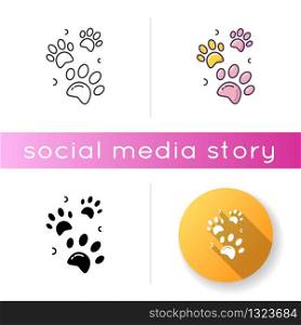 Pet paw prints icon. Animal footprints. Dog walk trail. Track of cat steps. Bear pawprint. Puppy foot. Veterinary service. Linear black and RGB color styles. Isolated vector illustrations