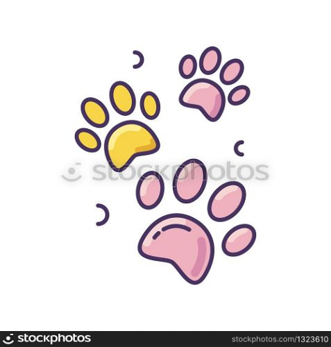 Pet paw prints pink RGB color icon. Animal footprints. Dog walk trail. Track of cat steps. Bear pawprint. Puppy foot. Veterinary service. Shelter sign. Zoo symbol. Isolated vector illustration