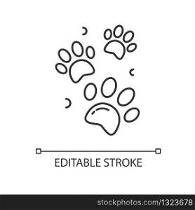 Pet paw prints pixel perfect linear icon. Animal footprints. Dog walk trail. Track of cat steps. Thin line customizable illustration. Contour symbol. Vector isolated outline drawing. Editable stroke