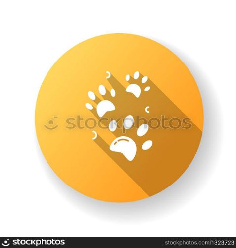 Pet paw prints yellow flat design long shadow glyph icon. Animal footprints. Dog walk trail. Track of cat steps. Bear pawprint. Puppy foot. Shelter sign. Zoo symbol. Silhouette RGB color illustration