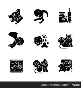 Pet physical injuries black glyph icons set on white space. Domestic animal disease. External and internal body illness. Infectious parasites. Silhouette symbols. Vector isolated illustration. Pet physical injuries black glyph icons set on white space