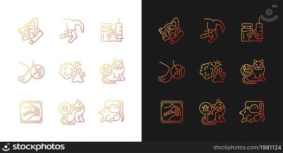 Pet physical injuries gradient icons set for dark and light mode. Domestic animal disease. Thin line contour symbols bundle. Isolated vector outline illustrations collection on black and white. Pet physical injuries gradient icons set for dark and light mode