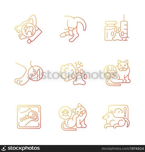 Pet physical injuries gradient linear vector icons set. Domestic animal disease. Body illness. Infectious parasites. Thin line contour symbols bundle. Isolated outline illustrations collection. Pet physical injuries gradient linear vector icons set