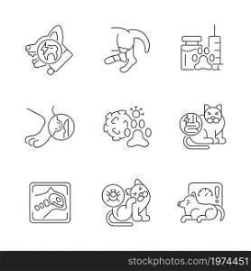 Pet physical injuries linear icons set. Domestic animal disease. Body illness. Infectious parasites. Customizable thin line contour symbols. Isolated vector outline illustrations. Editable stroke. Pet physical injuries linear icons set