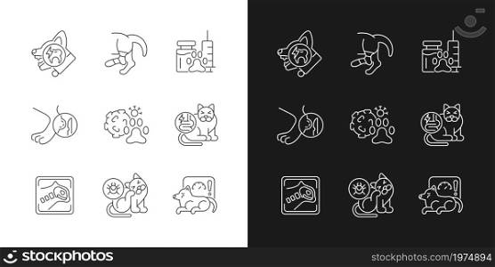 Pet physical injuries linear icons set for dark and light mode. Domestic animal disease. Infectious parasites. Customizable thin line symbols. Isolated vector outline illustrations. Editable stroke. Pet physical injuries linear icons set for dark and light mode