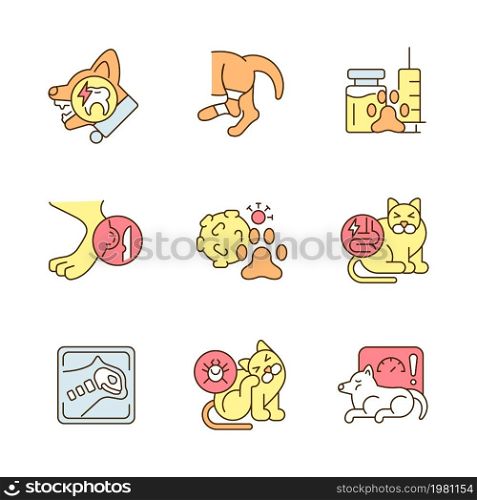 Pet physical injuries RGB color icons set. Domestic animal illness. Infectious parasites and diseases. Isolated vector illustrations. Simple filled line drawings collection. Editable stroke. Pet physical injuries RGB color icons set