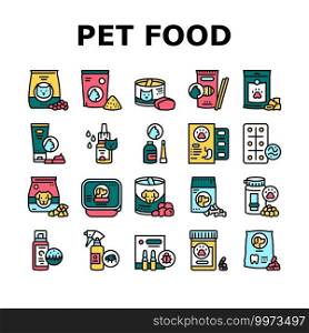 Pet Products Food Collection Icons Set Vector. Dry And Canned Food For Cat And Dog Domestic Animal, Vitamins And Medicine For Worms Concept Linear Pictograms. Contour Color Illustrations. Pet Products Food Collection Icons Set Vector