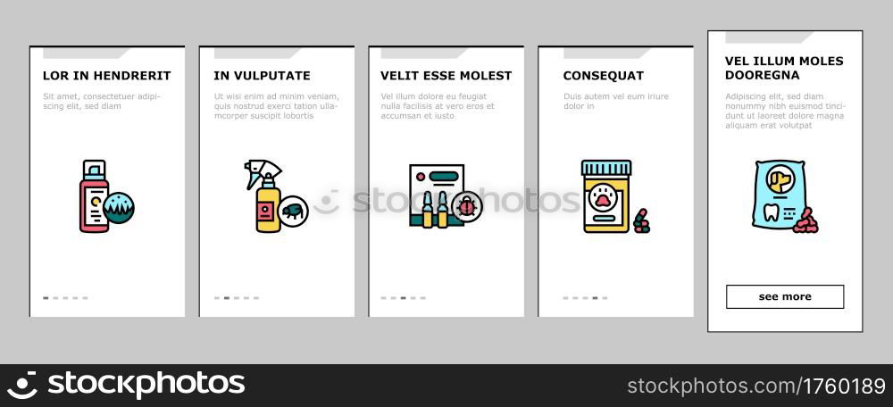 Pet Products Food Onboarding Mobile App Page Screen Vector. Dry And Canned Food For Cat And Dog Domestic Animal, Vitamins And Medicine For Worms Illustrations. Pet Products Food Onboarding Icons Set Vector