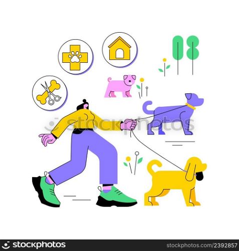 Pet services abstract concept vector illustration. Pet sitting and boarding services, animal care services, dog walking, grooming salon, daycare and attention, transportation abstract metaphor.. Pet services abstract concept vector illustration.