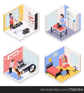 Pet services concept 4 isometric compositions with dog gym grooming salon vet day care center vector illustration