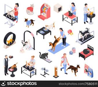Pet services dogs grooming boarding walking fitness feeding vet examination vaccination isometric icons set isolated vector illustration