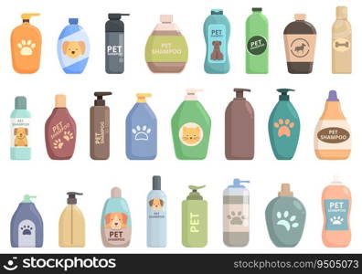 Pet Shampoo icons set cartoon vector. Container skin. Medical bottle. Pet Shampoo icons set cartoon vector. Container skin