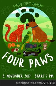 Pet shop advertising poster with paw prints, cat and dog, fishes, rodents on green background vector illustration. Pet Shop Poster