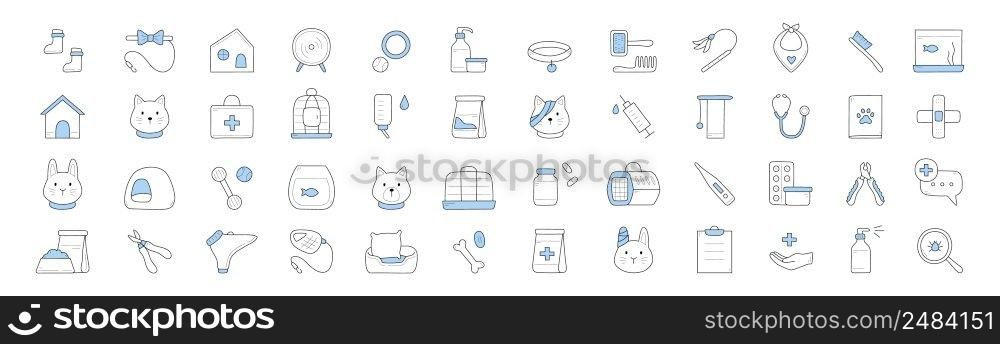 Pet shop and veterinary clinic doodle icons with cat, dog, rabbit, toys and grooming tools. Vector hand drawn set of syringe, bandage, aquarium with fish, food in bowl, carrier and bird cage. Pet shop and veterinary clinic doodle icons