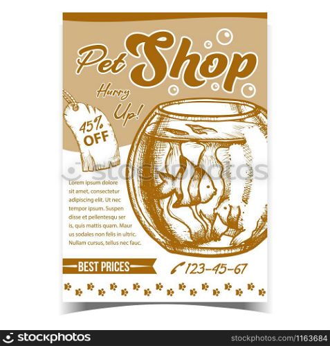 Pet Shop Aquarium On Advertising Poster Vector. Aquarium Fishbowl With Decorative Fish And Seaweed On Creative Banner. Animal Template Hand Drawn In Vintage Style Monochrome Illustration. Pet Shop Aquarium On Advertising Poster Vector