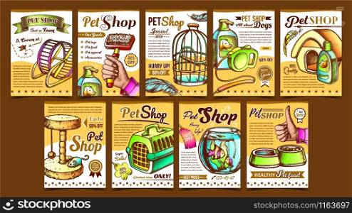 Pet Shop Assortment Advertising Posters Vector. Aquarium And Birdcage, Running Wheel And Food Bowl, Scratcher And Carrier On Creative Banners. Template Hand Drawn In Vintage Style Color Illustrations. Pet Shop Assortment Advertising Posters Vector