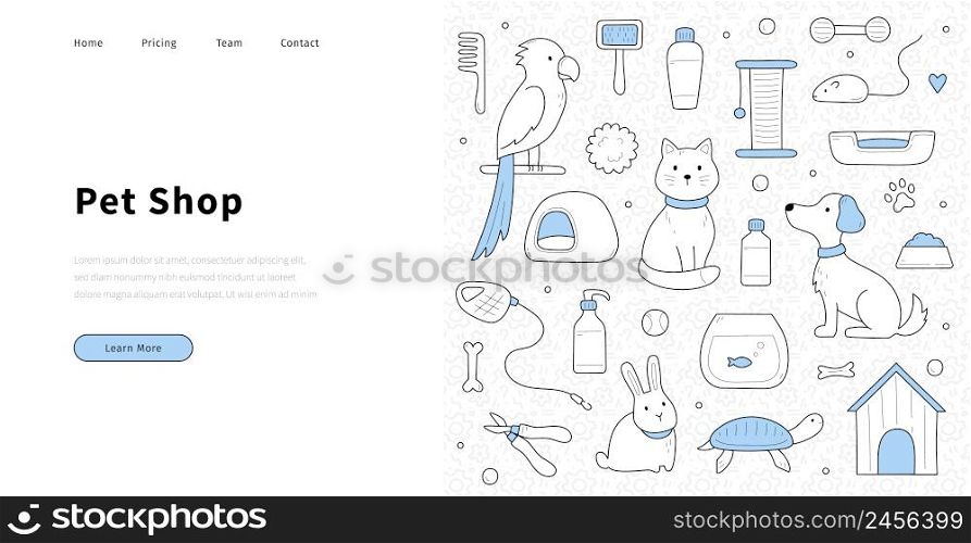 Pet shop banner with doodle cat, dog, parrot, mouse, and bunny. Vector landing page of store with pet accessories with hand drawn animals, aquarium with fish, turtle, scratching post and kennel. Pet shop banner with doodle animals