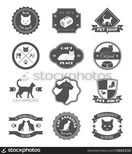 Pet shop cat black labels set. Pets place healthy food black symbols labels collection for premium quality products poster abstract isolated vector illustration