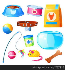 Pet shop collection with toys, bowl, feed for domestic animals in bag and cans. Vector cartoon set of pet accessories, aquarium for fish, collar, balls and mouse toy isolated on white background. Pet shop set with toys, bowl, feed and aquarium