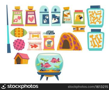 Pet shop collection with toys, bowls, kennel for dogs and cats, sh&oo and feed for domestic animals. Vector flat set of pet accessories, fish in aquarium, boxes with snack, balls and mouse toy. Pet shop set with toys, bowls, kennel and feed