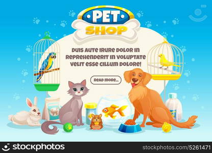 Pet Shop Composition. Colored cartoon pet shop composition or banner with descriptions about pets and read more button vector illustration