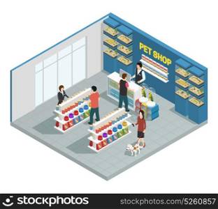 Pet Shop Composition. Pet shop composition with customers goods and pets isometric vector illustration