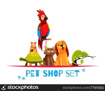 Pet shop composition with domestic animals parrot, hamster, chameleon, dog and cat on white background vector illustration. Pet Shop Composition