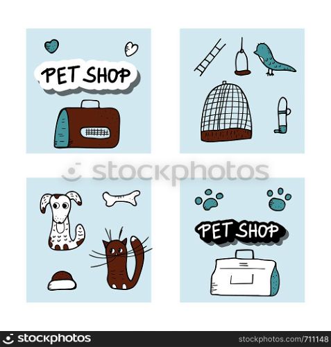Pet shop concept. Set of vector domestics animal care symbols in doodle style.
