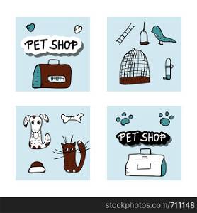 Pet shop concept. Set of vector domestics animal care symbols in doodle style.