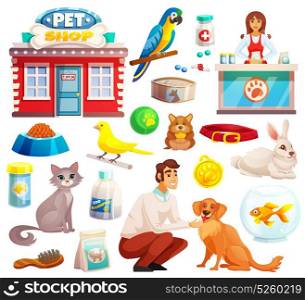 Pet Shop Decorative Icons Set . Pet shop decorative icons set with parrot rabbit dog and cat icons and goods for pets cartoon isolated vector illustration