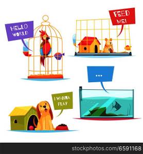 Pet shop design concept with playful puppy, colorful parrot, hungry hamster, fish in aquarium isolated vector illustration. Pet Shop Design Concept