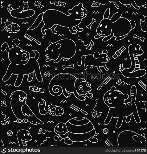 Pet shop,doodle pattern background of pets, cartoon illustrations animals in line style. Logo, pictogram, infographic elements