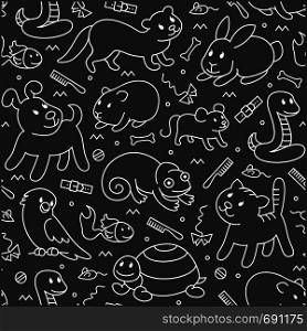 Pet shop,doodle pattern background of pets, cartoon illustrations animals in line style. Logo, pictogram, infographic elements