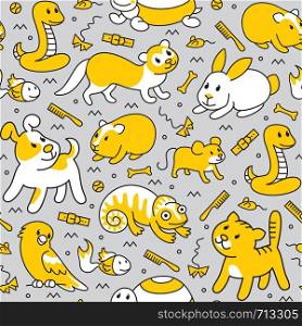 Pet shop, doodle pattern background of pets, cartoon illustrations animals in line style. Logo, pictogram, infographic elements