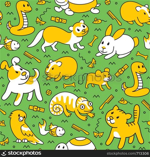 Pet shop, doodle pattern background of pets, cartoon illustrations animals in line style. Logo, pictogram, infographic elements