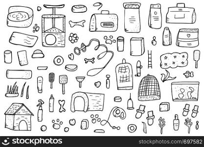 Pet shop elements. Set of vector domestics animal care symbols in doodle style. Sketch black and white design illustration.