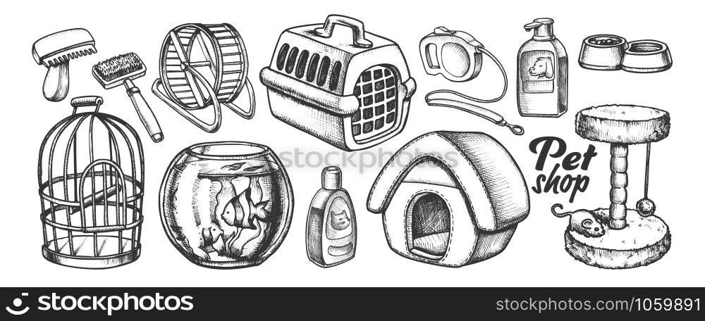 Pet Shop Equipment Assortment Monochrome Vector. Aquarium And Birdcage, Running Wheel And Food Bowl, Scratcher And Carrier. Engraving Template Hand Drawn In Vintage Style Black And White Illustration. Pet Shop Equipment Assortment Monochrome Vector