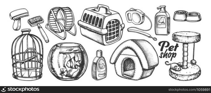 Pet Shop Equipment Assortment Monochrome Vector. Aquarium And Birdcage, Running Wheel And Food Bowl, Scratcher And Carrier. Engraving Template Hand Drawn In Vintage Style Black And White Illustration. Pet Shop Equipment Assortment Monochrome Vector