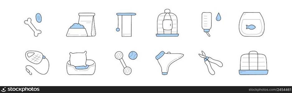 Pet shop icons with toys, food in bowl, leash for dogs, bird cage and scratching post for cats. Vector doodle set of pet accessories, aquarium for fish, ball, bone, carrier and bed. Pet shop icons, toys, food in bowl, leash, cage